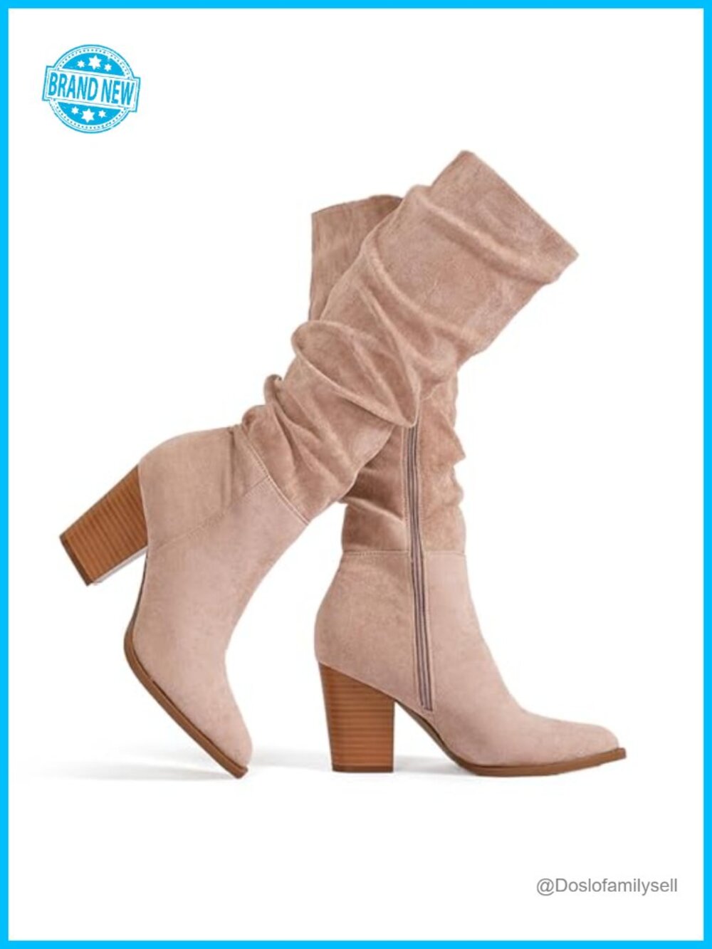 Faux Suede Knee High Boots Pointed Toe Block Heel Slouchy Side Zip